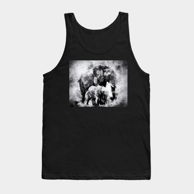 African Elephants with baby elephant calf - Black and White Watercolor Tank Top by SPJE Illustration Photography
